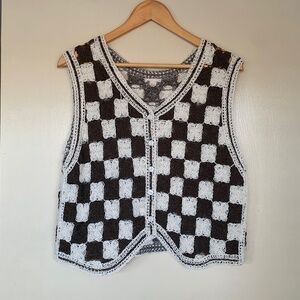 Crochet Checkered V- neck Button Down Vest Shirt Brown Cream Sz.M- L ?
